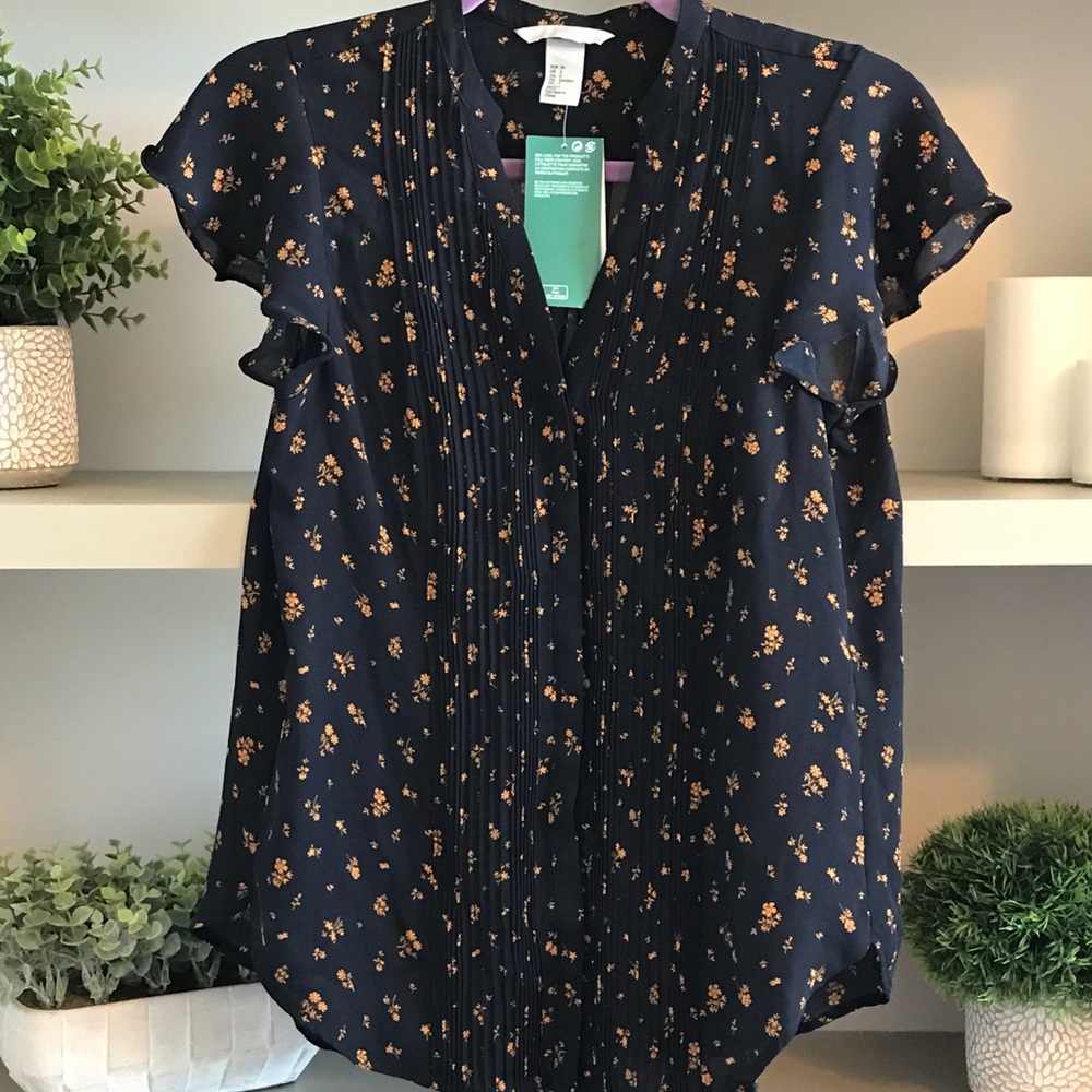 Navy Blue and Orange Floral Blouse